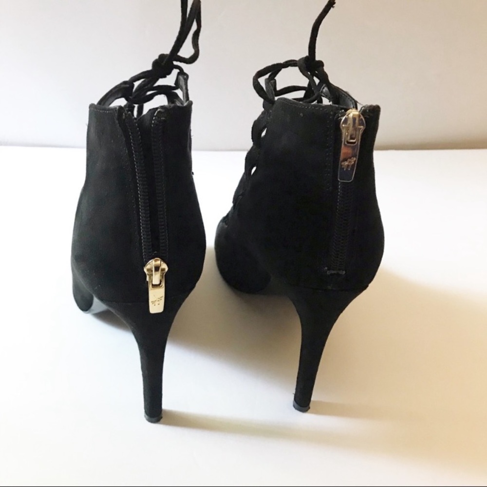 Marc Fisher Black Suede Corset Lace Up Bottie Open Toe Heel Shoes - Picture 4 of 8